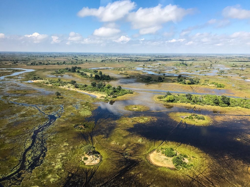 The Okavango Delta from the air — channels, lagoons and islands